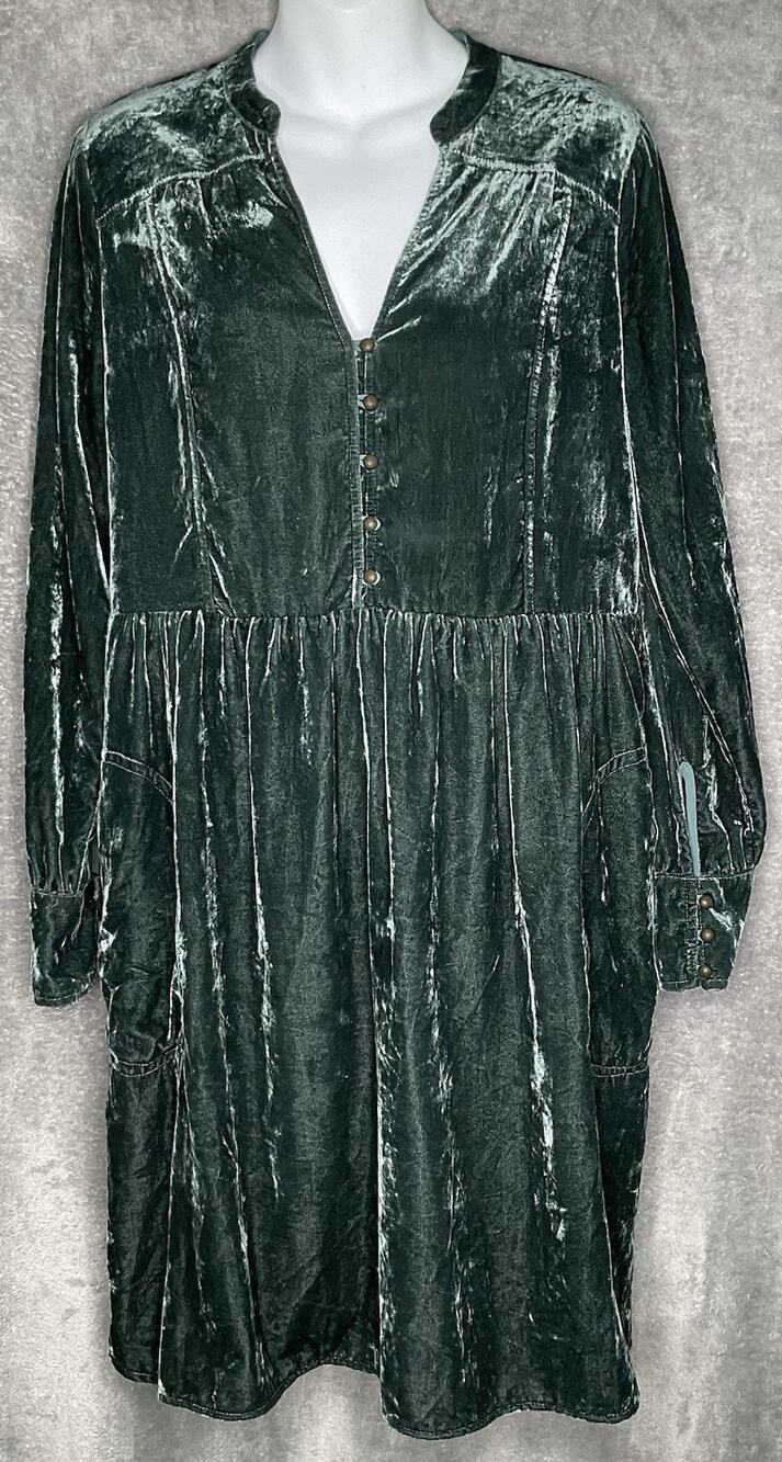 Holding Horse Anthropologie Womens Small Green Dress Velvet Pullover W/ Buttons
